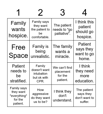 Palliative Consult Bingo Card