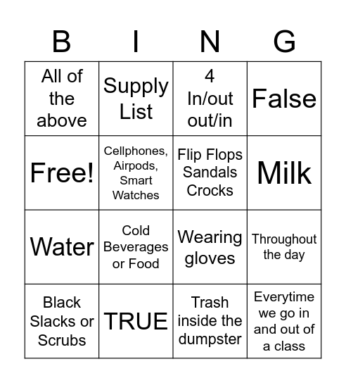 BASICS Bingo Card