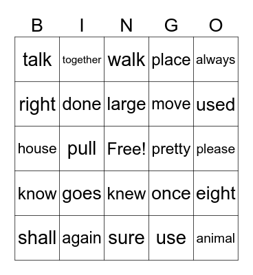 Trick Word Bingo Card