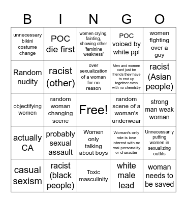 Male Gaze Movies Bingo Card