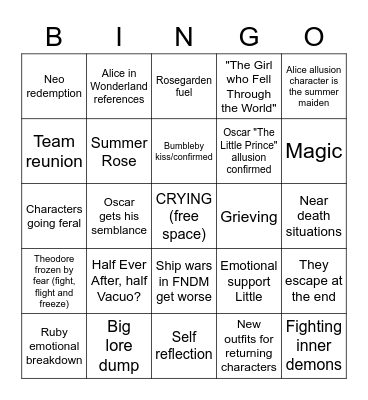 RWBY volume 9 bingo Card