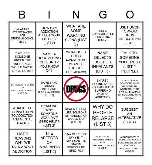 DRUG AWARENESS BINGO! Bingo Card