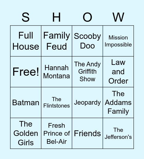 Music Bingo TV Show Edition Bingo Card