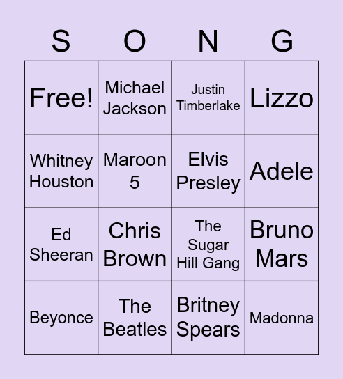 Music Bingo - Artists Bingo Card