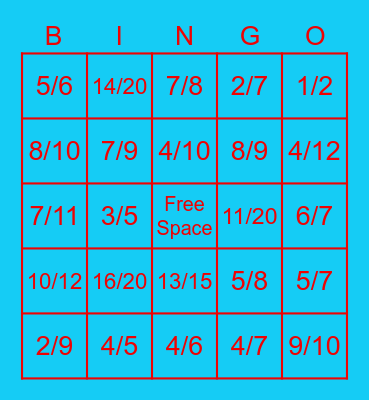 Fraction Bingo Card