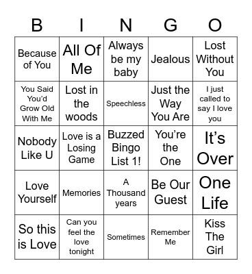 Disney/Love Songs and Break up Songs List 1 Bingo Card