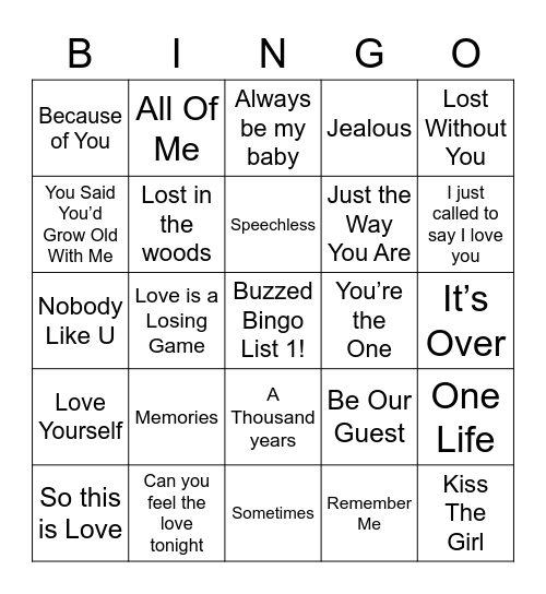 Disney/Love Songs and Break up Songs List 1 Bingo Card