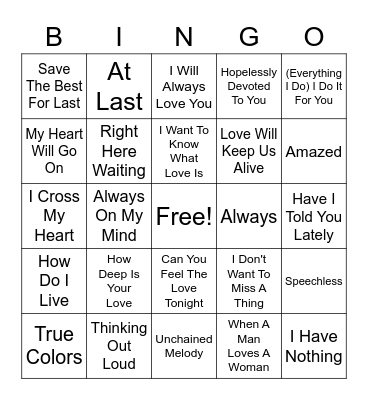 Love Ballads Bingo (2) Bingo Card