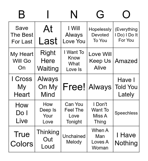 Love Ballads Bingo (2) Bingo Card