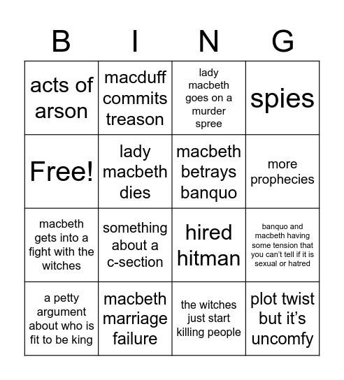 Macbeth Bingo Card