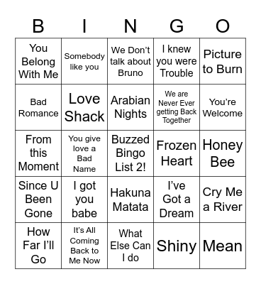 Disney/Love Songs and Break up songs List 2 Bingo Card