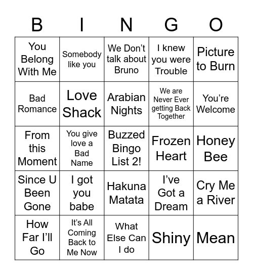 Disney/Love Songs and Break up songs List 2 Bingo Card