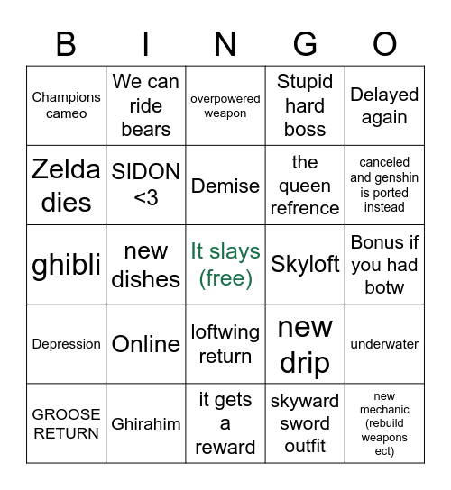 TOTK Bingo Card