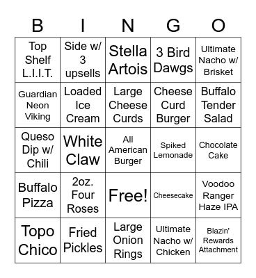Buffalo Wild Wings Bingo Card