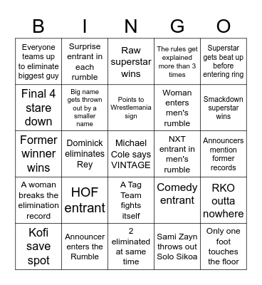 Royal Rumble 2023 Bingo Card