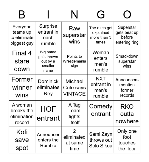 Royal Rumble 2023 Bingo Card