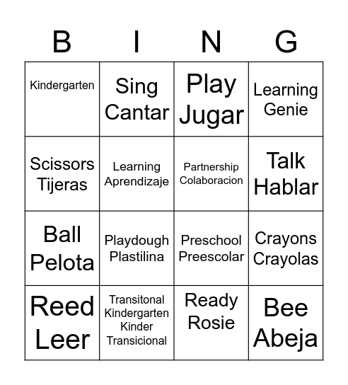Early Learning Bingo Card