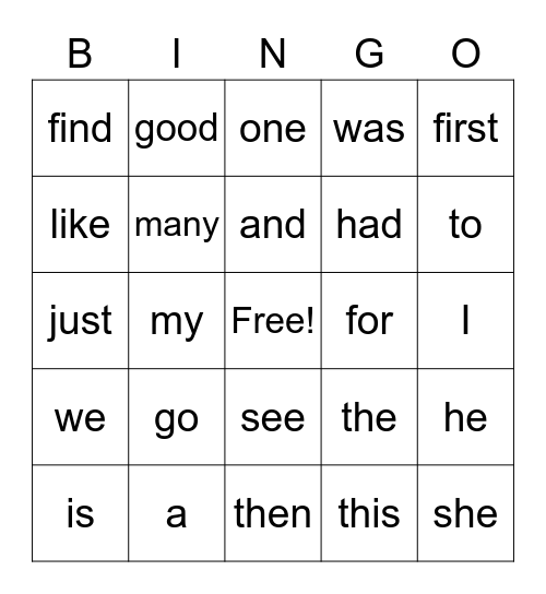 Sight word Module 1 Bingo Card