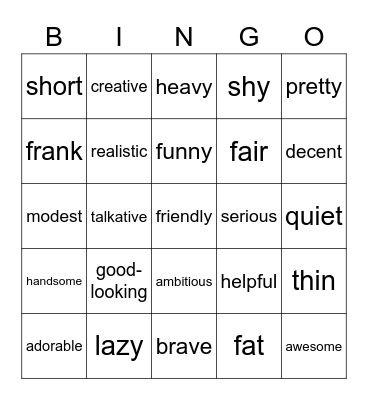 Adjectives in English Bingo Card