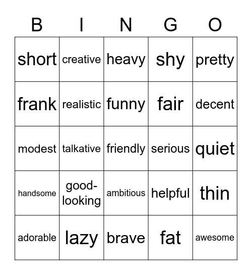 Adjectives in English Bingo Card