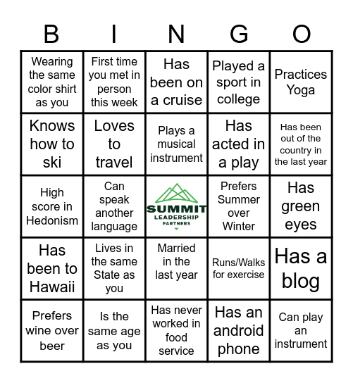 SUMMIT Bingo Card