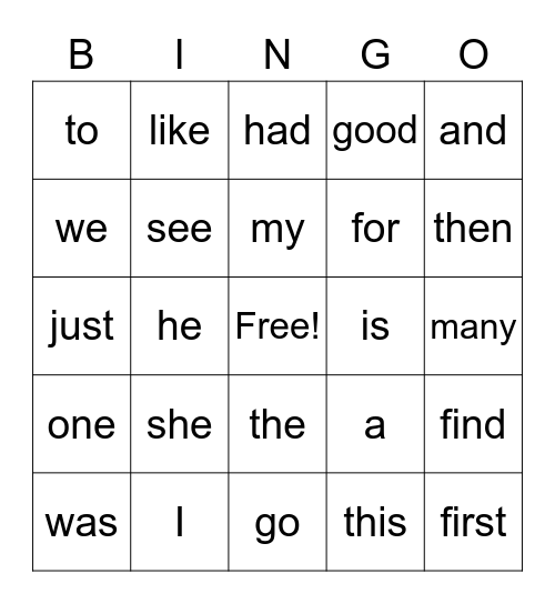 Sight word Module 1 Bingo Card