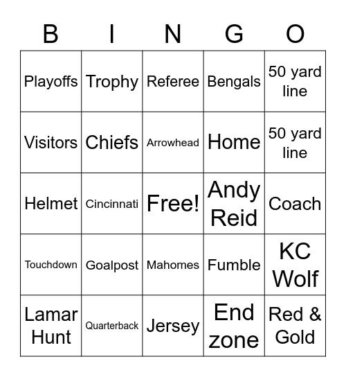 Kansas City Chiefs Bingo Card