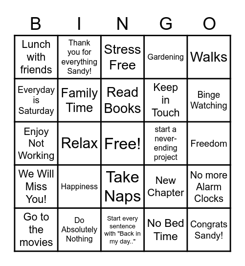 Retirement Bingo Card