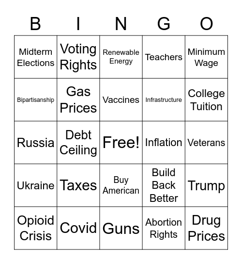 State of the Union 2023 Bingo Card