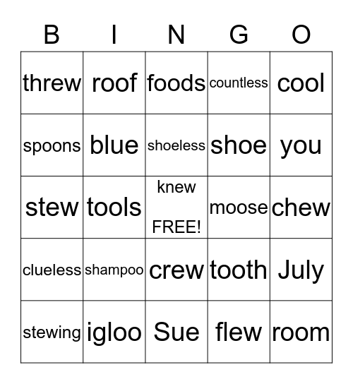 VOWEL PATTENS: UE, OE, OO, EW, OU Bingo Card