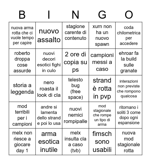 lightfall bingo Card