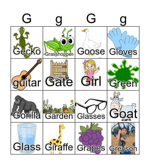 Letter G Bingo Card