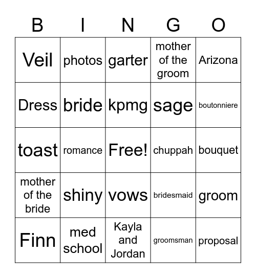 Kayla's Bridal Shower Bingo Card