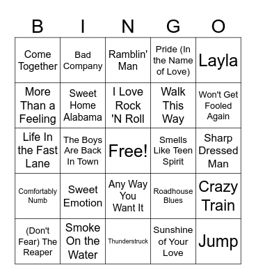 Classic Rock Hits Bingo Card