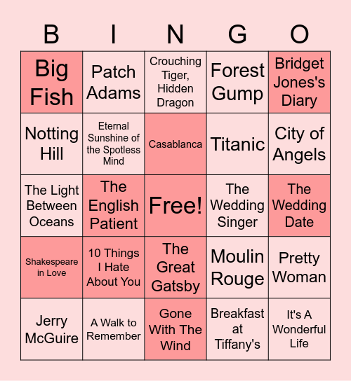 Valentine's Day Romantic Movie Quotes Bingo Card