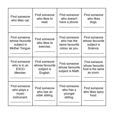 Find a Friend Bingo Card Bingo Card