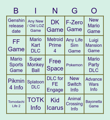 Nintendo Direct Bingo Card