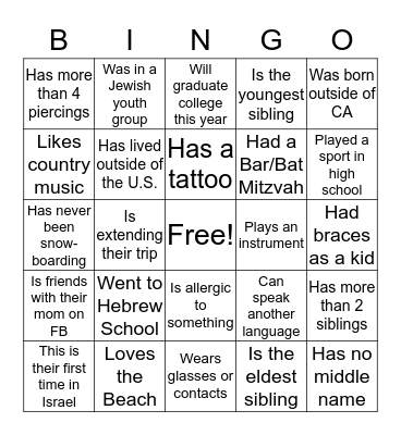 Birthright BINGO! Bingo Card