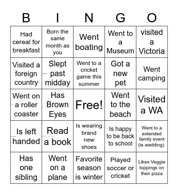 Welcome Back To School Bingo Card