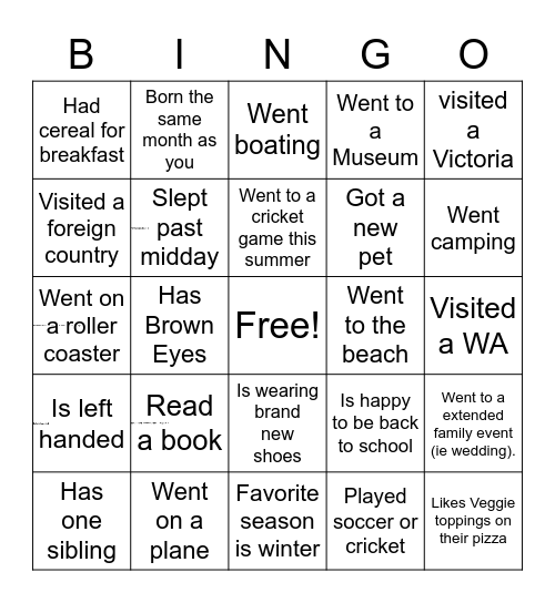 Welcome Back To School Bingo Card