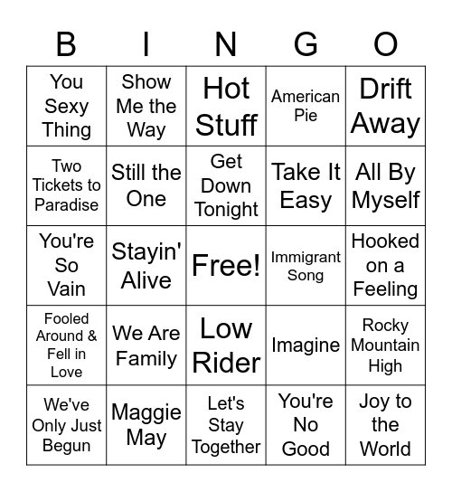 70's Bingo Card