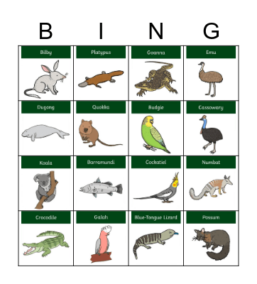 Australian Animals Bingo Card