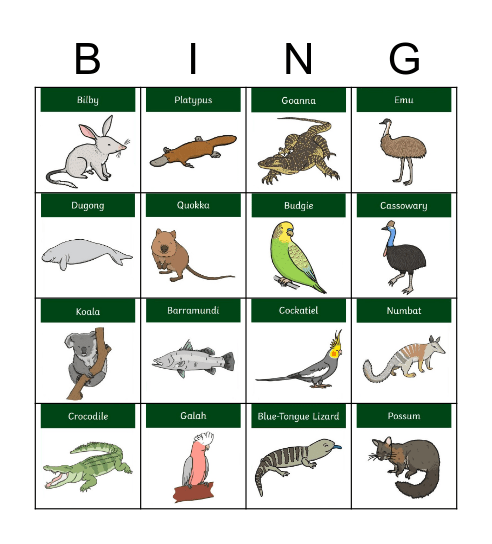 Australian Animals Bingo Card