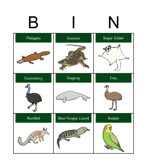 Australian Animals Bingo Card