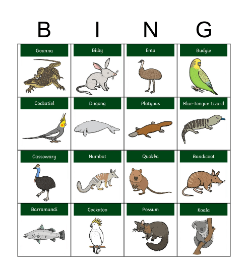 Australian Animals Bingo Card