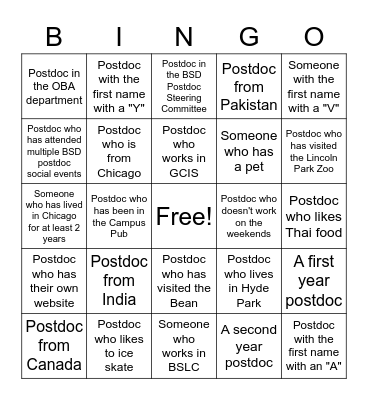 BSD Postdoctoral Association Postdoc Friends Bingo Card