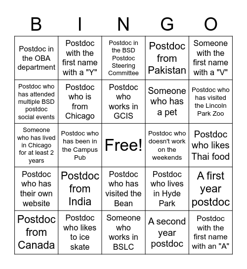 BSD Postdoctoral Association Postdoc Friends Bingo Card