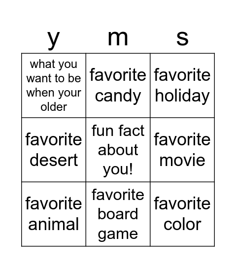 get to know you bingo Card