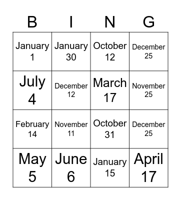 HOLIDAYS/SPECIAL DAYS Bingo Card