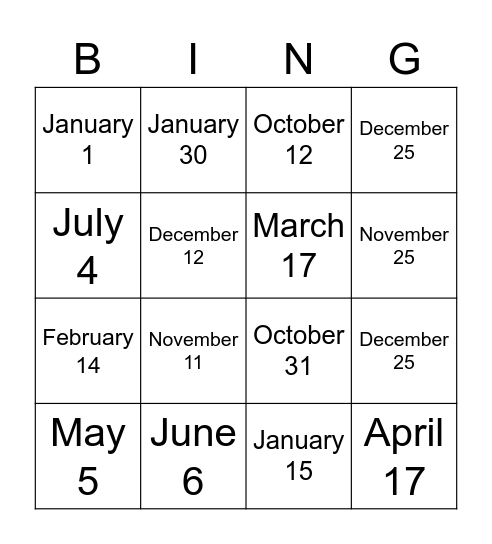 HOLIDAYS/SPECIAL DAYS Bingo Card
